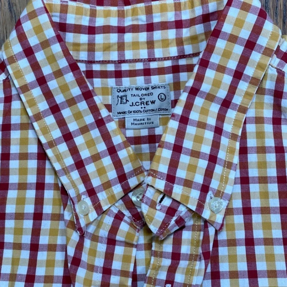 J Crew Mens Button Down Shirt Red Gold‎ Plaid Long Sleeve Casual Size Medium
